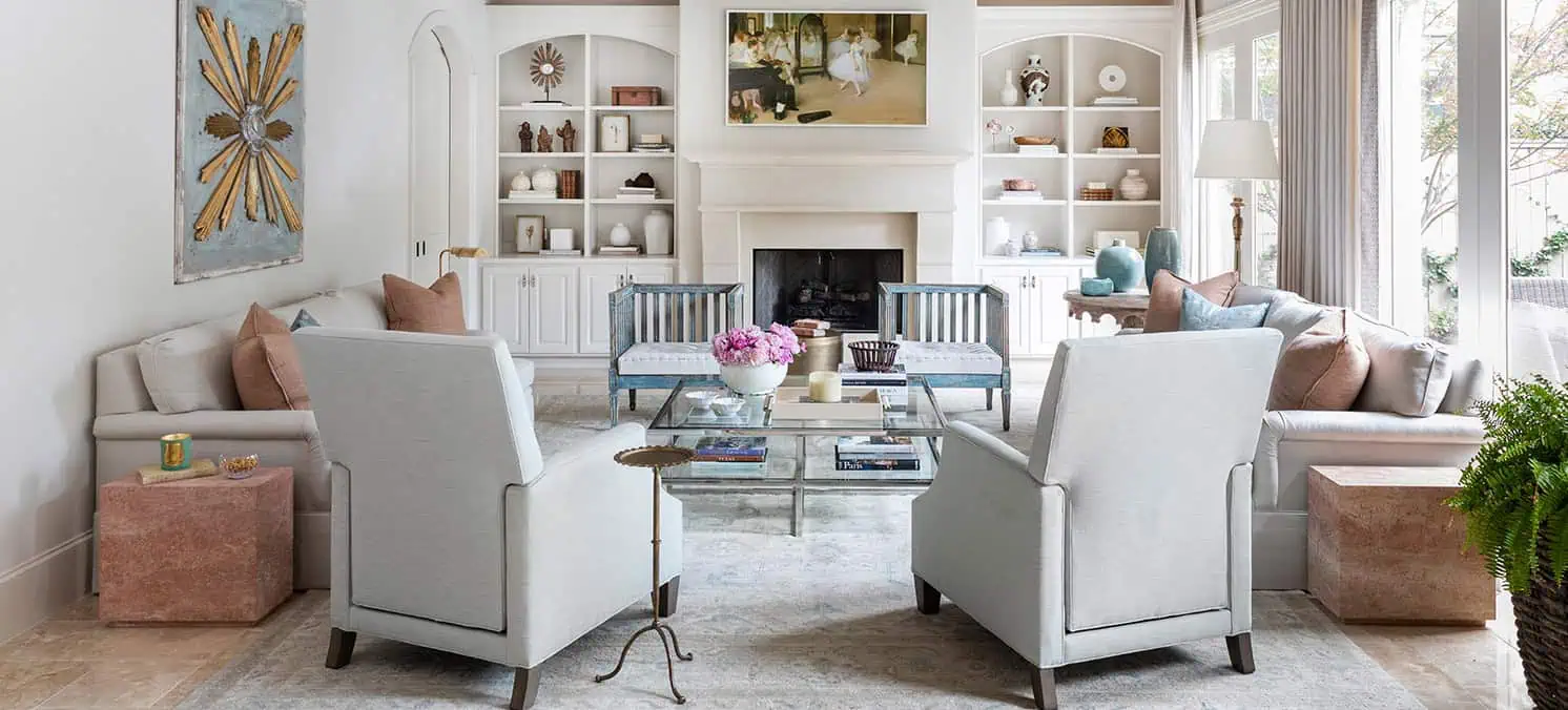 Purdue living room with built-in shelves