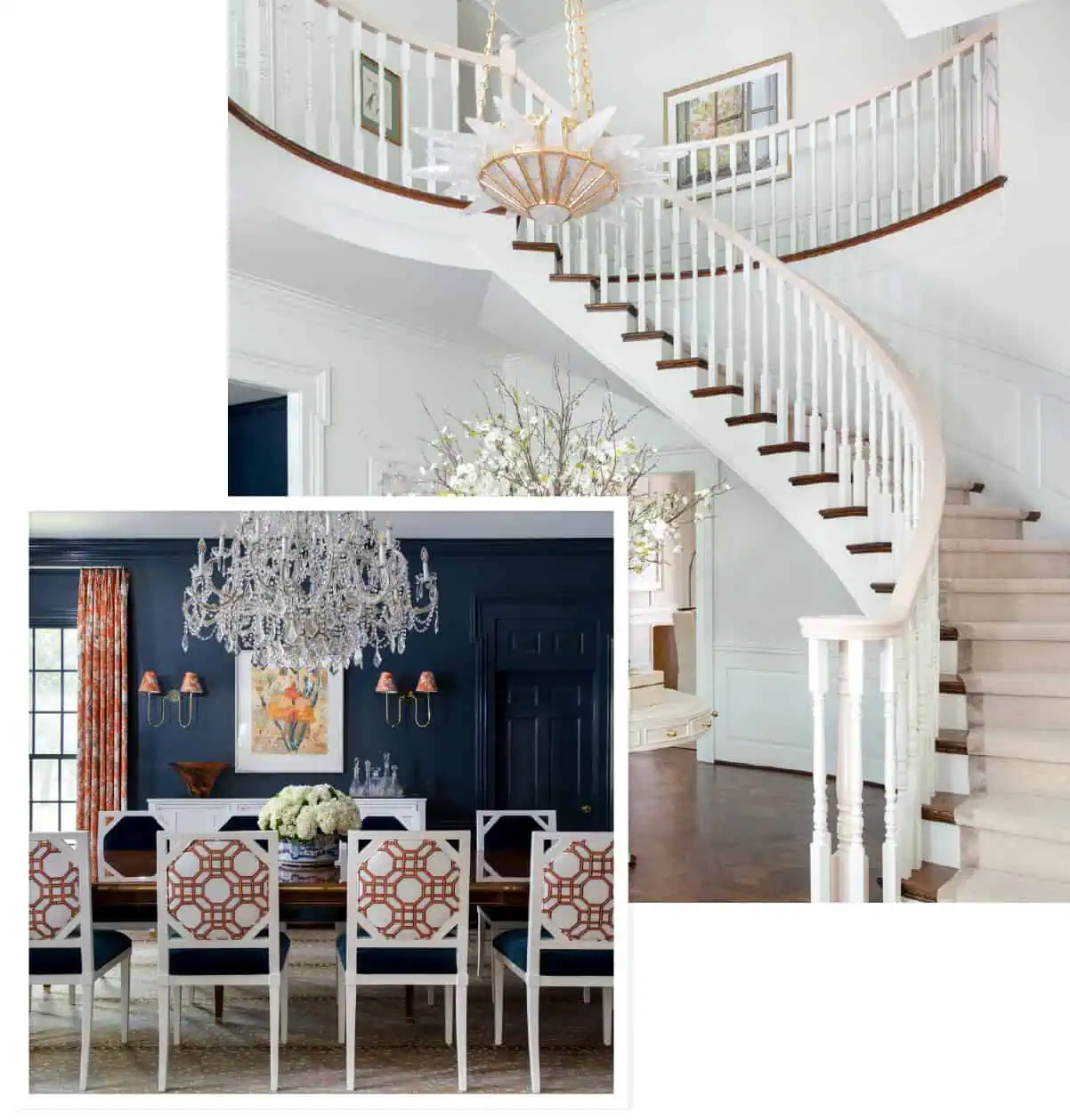 Staircase and formal dining room